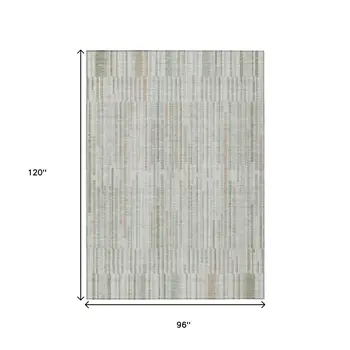 8' X 10' Sage And Ivory Striped Washable Indoor Outdoor Area Rug