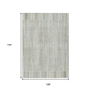 9' X 12' Sage And Ivory Striped Washable Indoor Outdoor Area Rug