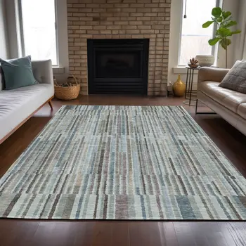 3' X 5' Teal Blue And Brown Striped Washable Indoor Outdoor Area Rug