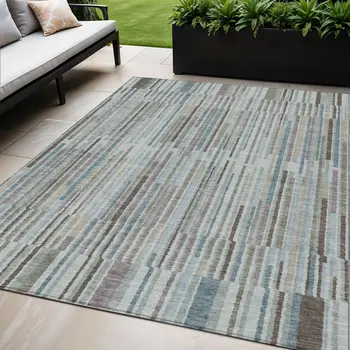 5' X 8' Teal Blue And Brown Striped Washable Indoor Outdoor Area Rug