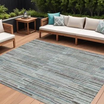 8' X 10' Teal Blue And Brown Striped Washable Indoor Outdoor Area Rug