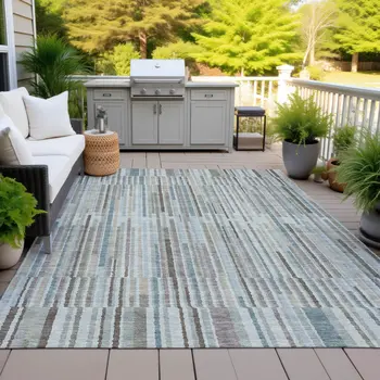 8' X 10' Teal Blue And Brown Striped Washable Indoor Outdoor Area Rug