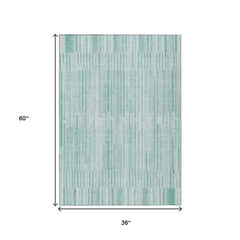 3' X 5' Turquoise And Pale Aqua Striped Washable Indoor Outdoor Area Rug