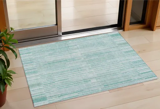 3' X 5' Turquoise And Pale Aqua Striped Washable Indoor Outdoor Area Rug
