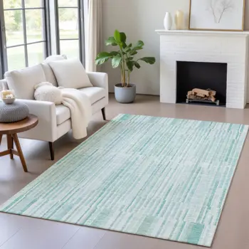 3' X 5' Turquoise And Pale Aqua Striped Washable Indoor Outdoor Area Rug