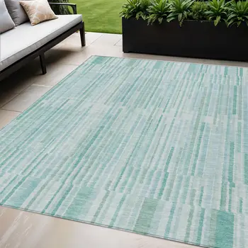 5' X 8' Turquoise And Pale Aqua Striped Washable Indoor Outdoor Area Rug