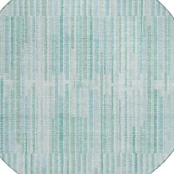 8' Turquoise And Pale Aqua Round Striped Washable Indoor Outdoor Area Rug