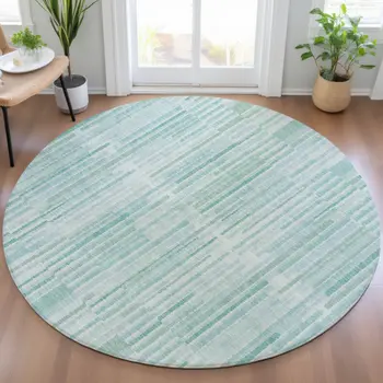 8' Turquoise And Pale Aqua Round Striped Washable Indoor Outdoor Area Rug