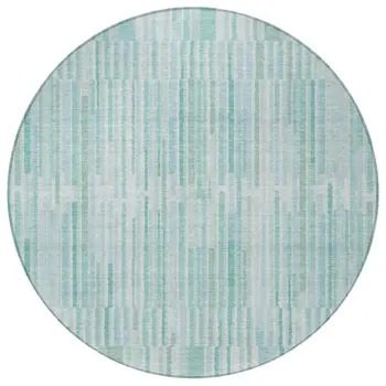 8' Turquoise And Pale Aqua Round Striped Washable Indoor Outdoor Area Rug