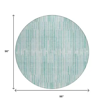 8' Turquoise And Pale Aqua Round Striped Washable Indoor Outdoor Area Rug