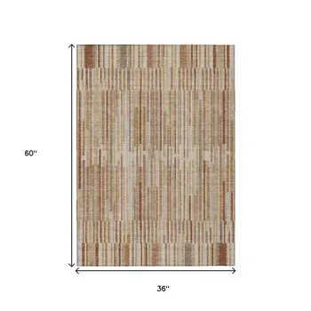 3' X 5' Terra Cotta And Beige Striped Washable Indoor Outdoor Area Rug