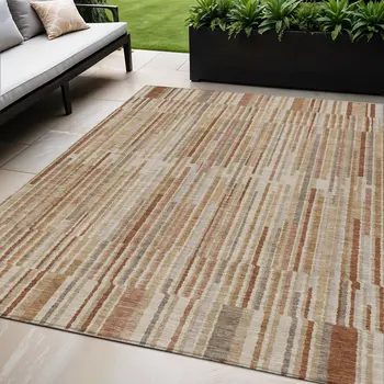 5' X 8' Terra Cotta And Beige Striped Washable Indoor Outdoor Area Rug