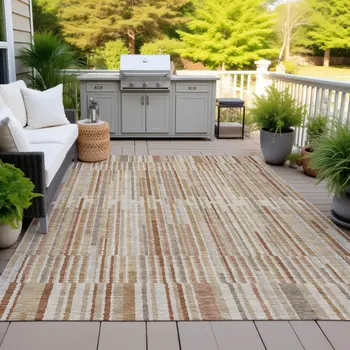 8' X 10' Terra Cotta And Beige Striped Washable Indoor Outdoor Area Rug