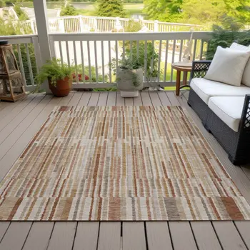 8' X 10' Terra Cotta And Beige Striped Washable Indoor Outdoor Area Rug