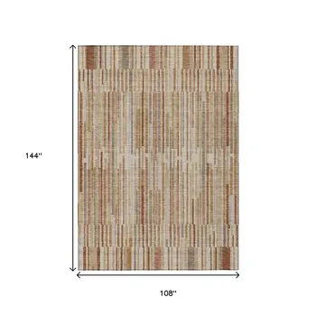 9' X 12' Terra Cotta And Beige Striped Washable Indoor Outdoor Area Rug