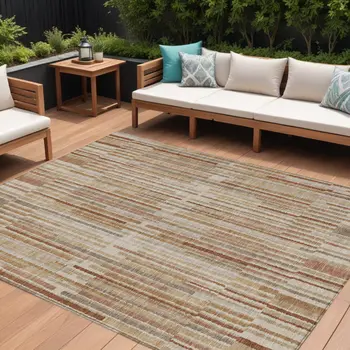 9' X 12' Terra Cotta And Beige Striped Washable Indoor Outdoor Area Rug