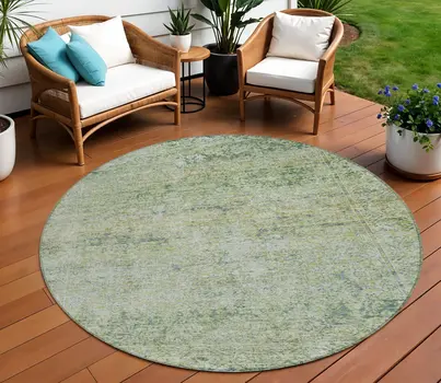 8' Artichoke Green And Ivory Round Abstract Washable Indoor Outdoor Area Rug