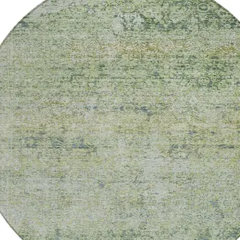 8' Artichoke Green And Ivory Round Abstract Washable Indoor Outdoor Area Rug