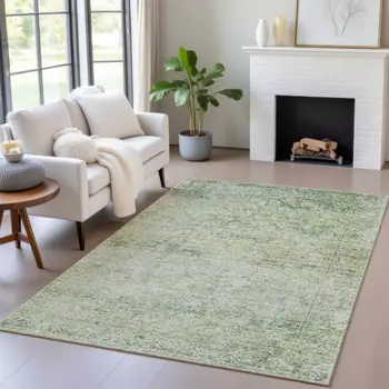 8' X 10' Artichoke Green And Ivory Abstract Washable Indoor Outdoor Area Rug