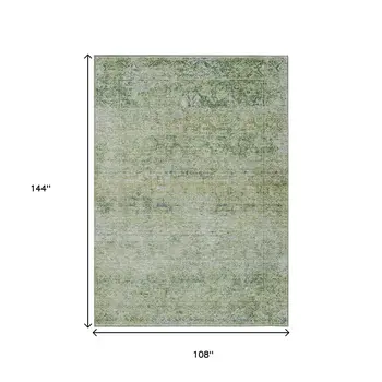 9' X 12' Artichoke Green And Ivory Abstract Washable Indoor Outdoor Area Rug