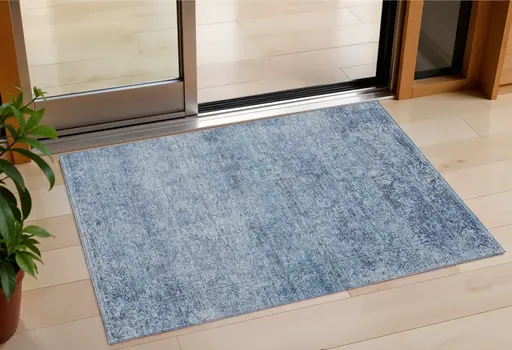 3' X 5' Blue And Ivory Abstract Washable Indoor Outdoor Area Rug