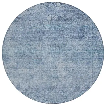 8' Blue And Ivory Round Abstract Washable Indoor Outdoor Area Rug