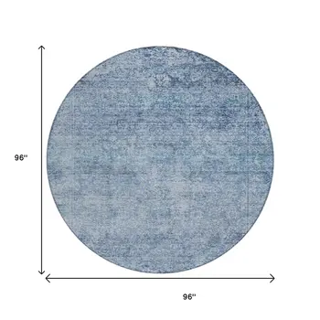 8' Blue And Ivory Round Abstract Washable Indoor Outdoor Area Rug