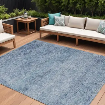 8' X 10' Blue And Ivory Abstract Washable Indoor Outdoor Area Rug