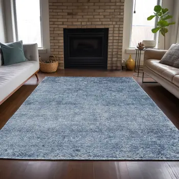 9' X 12' Blue And Ivory Abstract Washable Indoor Outdoor Area Rug