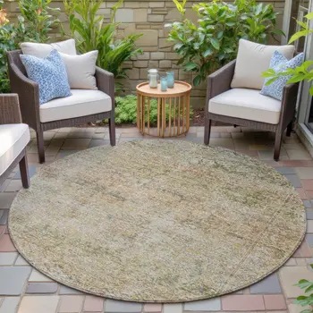 8' Gold And Beige Round Abstract Washable Indoor Outdoor Area Rug