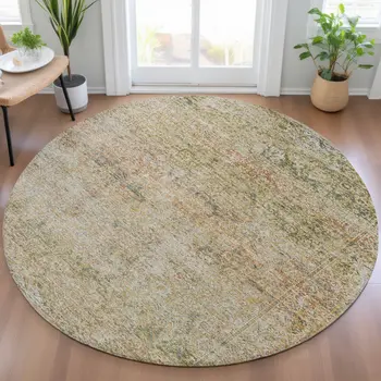 8' Gold And Beige Round Abstract Washable Indoor Outdoor Area Rug