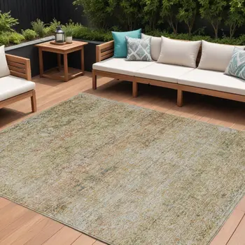 8' X 10' Gold And Beige Abstract Washable Indoor Outdoor Area Rug