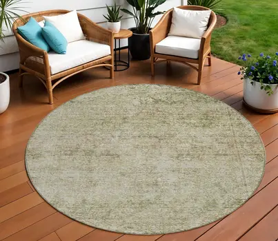 8' Sage And Beige Round Abstract Washable Indoor Outdoor Area Rug