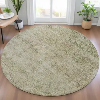 8' Sage And Beige Round Abstract Washable Indoor Outdoor Area Rug