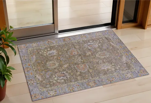 3' X 5' Brown And Lavender Floral Washable Indoor Outdoor Area Rug