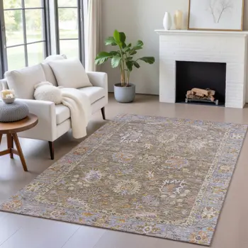 3' X 5' Brown And Lavender Floral Washable Indoor Outdoor Area Rug