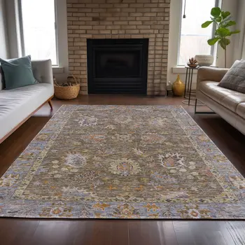 3' X 5' Brown And Lavender Floral Washable Indoor Outdoor Area Rug