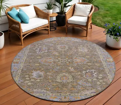 8' Brown And Lavender Round Floral Washable Indoor Outdoor Area Rug