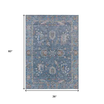 3' X 5' Blue And Beige Floral Washable Indoor Outdoor Area Rug