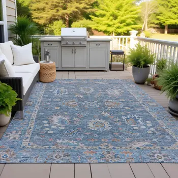 3' X 5' Blue And Beige Floral Washable Indoor Outdoor Area Rug