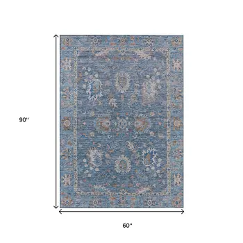 5' X 8' Blue And Beige Floral Washable Indoor Outdoor Area Rug