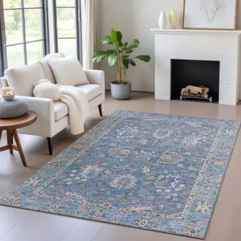 5' X 8' Blue And Beige Floral Washable Indoor Outdoor Area Rug
