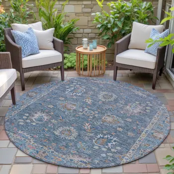 8' Blue And Beige Round Floral Washable Indoor Outdoor Area Rug