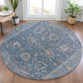 8' Blue And Beige Round Floral Washable Indoor Outdoor Area Rug