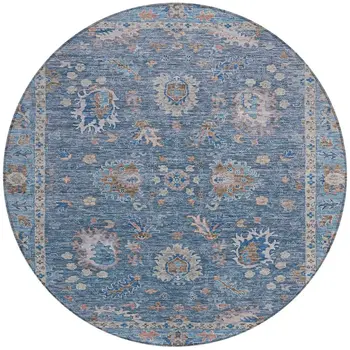 8' Blue And Beige Round Floral Washable Indoor Outdoor Area Rug