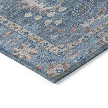 9' X 12' Blue And Beige Floral Washable Indoor Outdoor Area Rug
