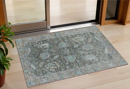 3' X 5' Fern Green And Denim Blue Floral Washable Indoor Outdoor Area Rug