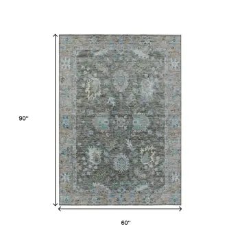 5' X 8' Fern Green And Denim Blue Floral Washable Indoor Outdoor Area Rug