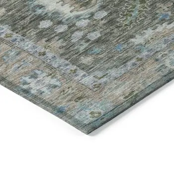 5' X 8' Fern Green And Denim Blue Floral Washable Indoor Outdoor Area Rug