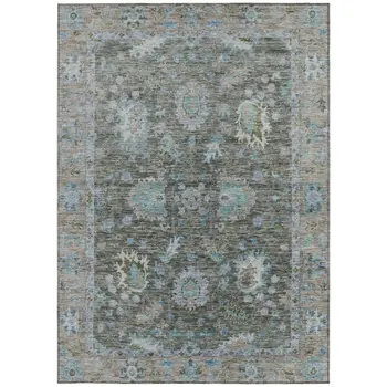 5' X 8' Fern Green And Denim Blue Floral Washable Indoor Outdoor Area Rug